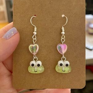 Sanrio Keroppi Heart Earrings, Drop Earrings, Dangle, Acrylic, Glitter